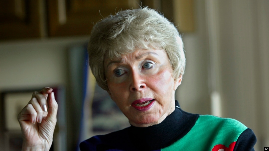 FILE - Audrey Geisel appears during an interview at her home in the La Jolla area of San Diego, Feb, 4, 2004. Geisel, widow of Dr. Seuss creator Theodor Geisel, died peacefully at home on Dec. 19, 2018, at age 97.