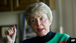 FILE - Audrey Geisel appears during an interview at her home in the La Jolla area of San Diego, Feb, 4, 2004. Geisel, widow of Dr. Seuss creator Theodor Geisel, died peacefully at home on Dec. 19, 2018, at age 97.
