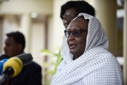 Asma Mohamed, Sudan's Minister for Foreign Affairs and the first female to hold the position, speaks to press in Juba, South Sudan, Sept. 12, 2019.