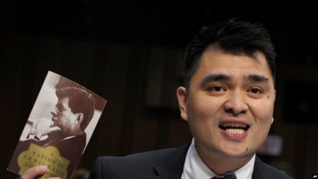 Pulitzer Prize-winning journalist, immigration rights activist and self-declared undocumented immigrant Jose Antonio Vargas testifies on Capitol Hill in Washington, Feb. 13, 2013, before the Senate Judiciary Committee hearing on comprehensive immigration 