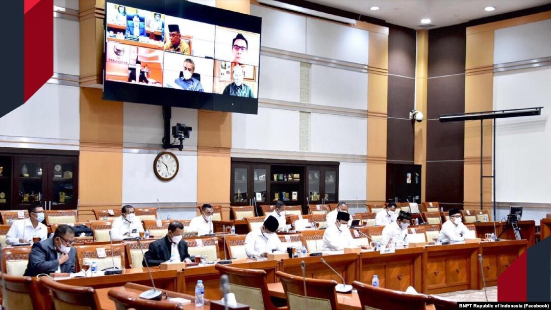 BNPT menghadiri Rapat Dengar Pendapat (RDP) bersama komisi tiga DPR RI, Senin (22/3/2021). (Foto: Facebook/BNPT Republik Indonesia)