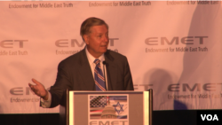 U.S. Republican Senator Lindsey Graham addresses an annual dinner of the pro-Israel research group Endowment for Middle East Truth in Washington, June 12, 2019.