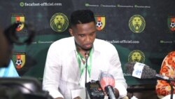 Samuel Eto’o lors de sa première déclaration d’après élection à la tête de la Fecafoot, à Yaoundé, le 12 décembre 2021. (VOA/Emmanuel Jules Ntap)