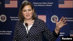 U.S. Assistant Secretary of State Victoria Nuland speaks during a news conference in Kyiv, Ukraine, April 27, 2016. She has called on the country's government "to start locking up people who have ripped off the Ukrainian population for too long."