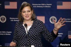 U.S. Assistant Secretary of State Victoria Nuland speaks during a news conference in Kyiv, Ukraine, April 27, 2016. She has called on the country's government "to start locking up people who have ripped off the Ukrainian population for too long."