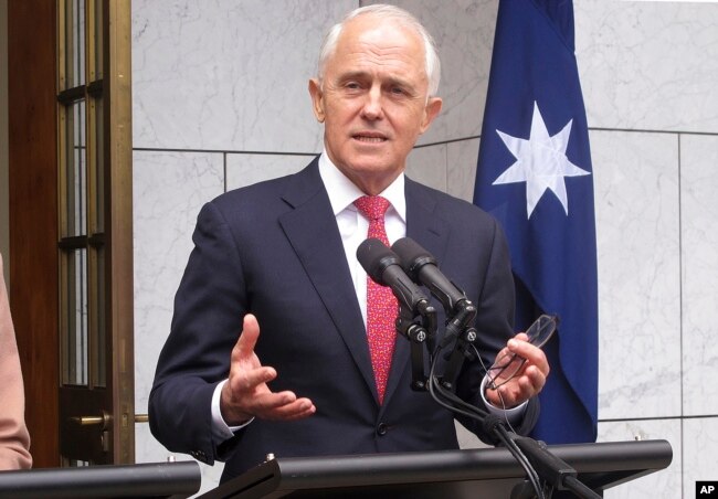 ທ່ານ​ມາລຄອມ ​ເທີນ​ບູລ, ນາ​ຍົກ​ລັດຖະມົນຕີ​ ຄົນປັດຈຸບັນກ່າວຄໍາປາໄສ ໃນກອງປະຊຸມ ຖະແຫລງຂ່າວ ໃນນະຄອນ ແຄນເບີຣາ ໃນວັນທີ 21 ສິງຫາ 2018.