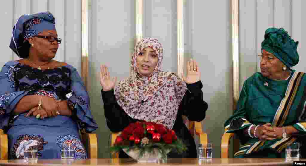 Nobel Peace Prize winners, Liberian peace activist Leymah Gbowee, human rights activist Tawakul Karman from Yemen and Liberian President Ellen Johnson-Sirleaf at the Nobel Institute in Oslo December 9, 2011. (Reuters)
