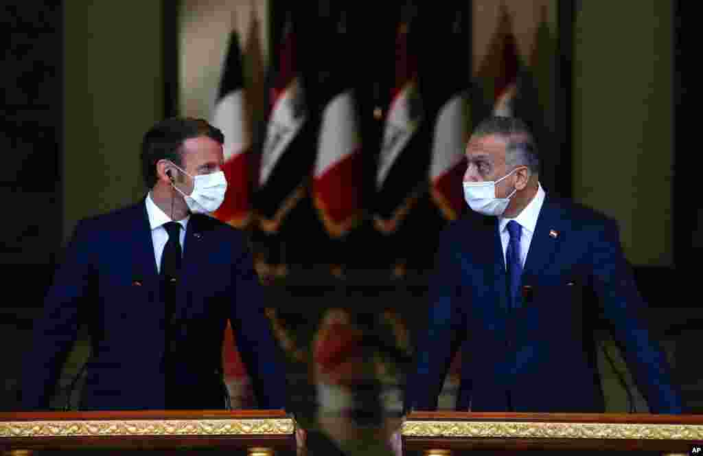 이라크를 방문한 에마뉘엘 마크롱 프랑스 대통령이 무사타파 알카디미 이라크 총리와 바그다드에서 기자회견을 했다.