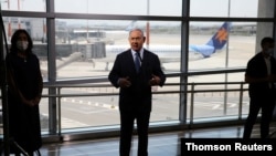 Israeli Prime Minister Benjamin Netanyahu prepares to give a statement at Ben Gurion International Airport, in Lod, near Tel Aviv, citing a need to maintain Israeli military superiority in the region, Aug 17, 2020.