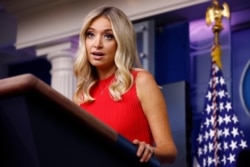 FILE - White House press secretary Kayleigh McEnany speaks during a press briefing at the White House in Washington.