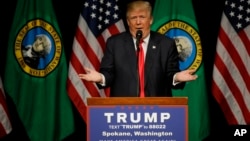 Republican presidential candidate Donald Trump speaks during a rally in Spokane, Wash., May 7, 2016.