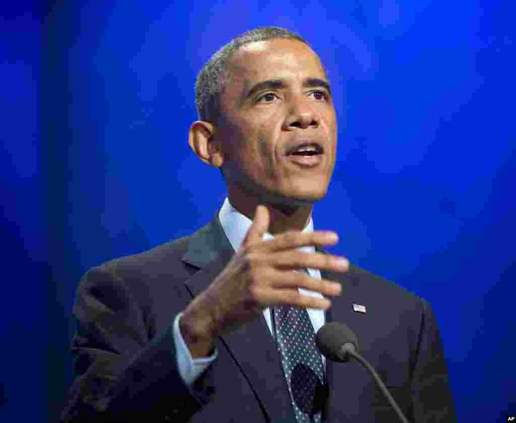 President Barack Obama speaks at the Clinton Global Initiative in New York, Sept. 23, 2014. 