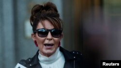 Sarah Palin speaks to the media as she exits the court during her defamation lawsuit against the New York Times, Feb. 14, 2022.