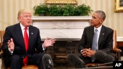 President Barack Obama meets with President-elect Donald Trump in the Oval Office of the White House in Washington, Thursday, Nov. 10, 2016. (AP Photo/Pablo Martinez Monsivais)