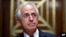 FILE - Chairman Bob Corker, R-Tenn., pauses before a hearing of the Senate Foreign Relations Committee on the nomination of former Utah Gov. Jon Huntsman to become the US ambassador to Russia, on Capitol Hill, Sept. 19, 2017 in Washington. 