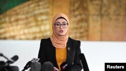 Western Australia Senator Fatima Payman holds a press conference in the Mural Hall of the Australian Parliament House, in Canberra