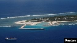 FILE - An aerial view shows Itu Aba, which the Taiwanese call Taiping, in the South China Sea.