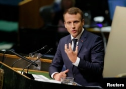 French President Emmanuel Macron addresses the 72nd United Nations General Assembly at U.N. headquarters in New York, Sept. 19, 2017.
