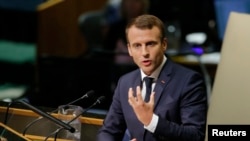 Presiden Prancis Emmanuel Macron berbicara di hadapan sidang Majelis Umum Perserikatan Bangsa-Bangsa ke 72 di markas PBB di New York, AS, 19 September 2017. (Foto: dok).