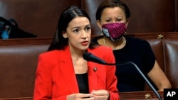 Rep. Alexandria Ocasio-Cortez speaks on the House floor, July 23, 2020 on Capitol Hill in Washington, demanding an end to a sexist culture of ‘accepting violence and violent language against women.’ 