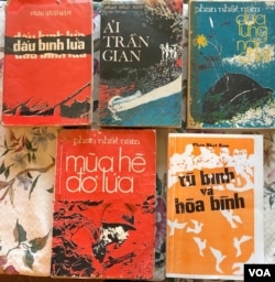 Bìa một số tác phẩm Phan Nhật Nam xuất bản trước 1975, riêng bìa cuốn Tù Binh và Hoà Bình là sách tái bản ở hải ngoại 1987. [tư liệu Ngô Thế Vinh]