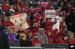 Fans of Los Angeles Angels' Shohei Ohtani, of Japan, cheer during the eighth inning of a baseball game against the Baltimore Orioles, Tuesday, May 1, 2018, in Anaheim, Calif. (AP Photo/Mark J. Terrill)
