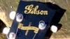 This banner logo appeared on the headstock of Gibson guitars only during World War II when women workers replaced the men who'd gone off to war. (VOA/T. Banse) 