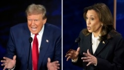 Kombinasi foto Capres Partai Republik Donald Trump, kiri, dan Capres Partai Demokrat Kamala Harris selama debat Capres di National Constitution Center, Selasa malam 10 September 2024, di Philadelphia.