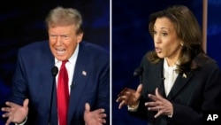 Kombinasi foto Capres Partai Republik Donald Trump, kiri, dan Capres Partai Demokrat Kamala Harris selama debat Capres di National Constitution Center, Selasa malam 10 September 2024, di Philadelphia.