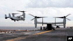 Aeronaves MV-22 Osprey del Cuerpo de Infantería de Marina de EE.UU. realizaron ejercicios conjuntos con Australia. Foto de archvio del 29 de junio de 2017.