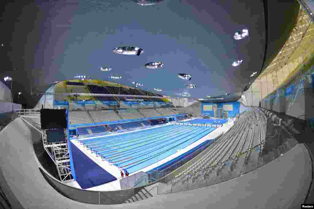 FILE - A general view of the Aquatics Center at the Olympic Park in Stratford, the location of the London 2012 Olympic Games, in east London, July 19, 2012. The center was designed by renowned Iraqi-British architect Zaha Hadid.