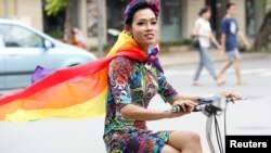 Một thành viên tham gia diễu hành thường niên Viet Pride của cộng đồng LGBT Việt Nam trên đường phố Hà Nội vào tháng 8/2016. Luật cho người chuyển giới đang được soạn thảo và dự kiến sẽ được áp dụng vào đầu năm 2019.