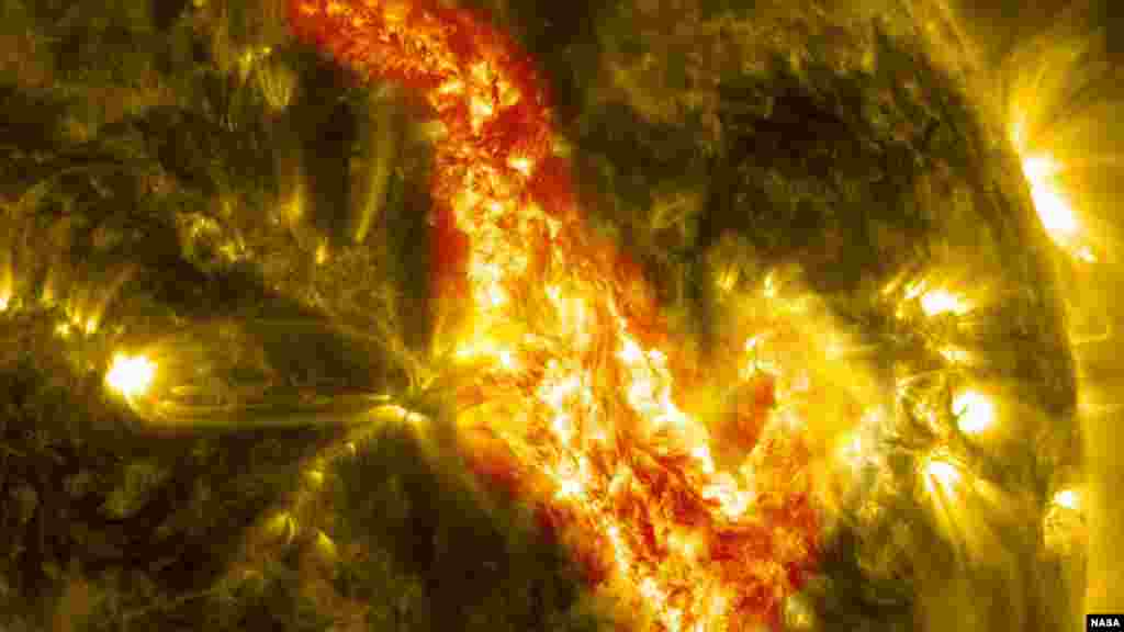 A magnetic filament of solar material erupted on the sun in late September, breaking the quiet conditions in a spectacular fashion. The 200,000 mile-long filament ripped through the sun's atmosphere, the corona, leaving behind what looks like a canyon of of fire. (NASA/Solar Dynamics Observatory)