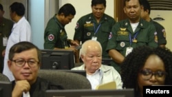 FILE - Former Khmer Rouge head of state Khieu Samphan sits at the courtroom of the Extraordinary Chambers in the Courts of Cambodia (ECCC) as he awaits a verdict, on the outskirts of Phnom Penh, Cambodia, Nov. 16, 2018. (ECCC's handout via Reuters)