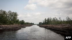 FILE - This picture taken on June 8, 2016 shows a waterway in the Niger Delta. The oil rich Delta region in Nigeria has seen the rise of a new militant group that has vowed to cripple the economy, due to the actions of the Delta Avengers Nigeria’s oil pr