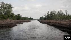 FILE - This picture taken June 8, 2016, shows a water way in the Niger Delta. Attacks on energy facilities in the oil-rich region last year helped push Africa's biggest economy into recession. The Delta Avengers halted hostilities in August 2016 but now says the cease-fire is over.