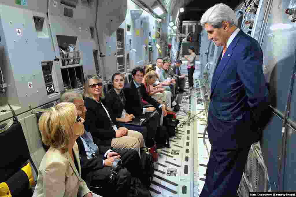 Secretary Kerry Talks With Traveling Press Corps En Route to Iraq.