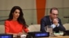 Amal Clooney participates in the Press Behind Bars: Undermining Justice and Democracy event during the 73rd session of the United Nations General Assembly at the United Nations in New York