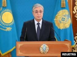 Kazakh President Kassym-Jomart Tokayev speaks during a televised address to the nation following the protests triggered by fuel price increase in Nur-Sultan, Kazakhstan January 7, 2022.