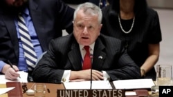 FILE - U.S. Deputy Secretary of State John Sullivan pictured speaking to the U.N. Security Council, Jan. 19, 2018, says "we are seeing the Taliban's momentum begin to slow" on the battlefield in Afghanistan.