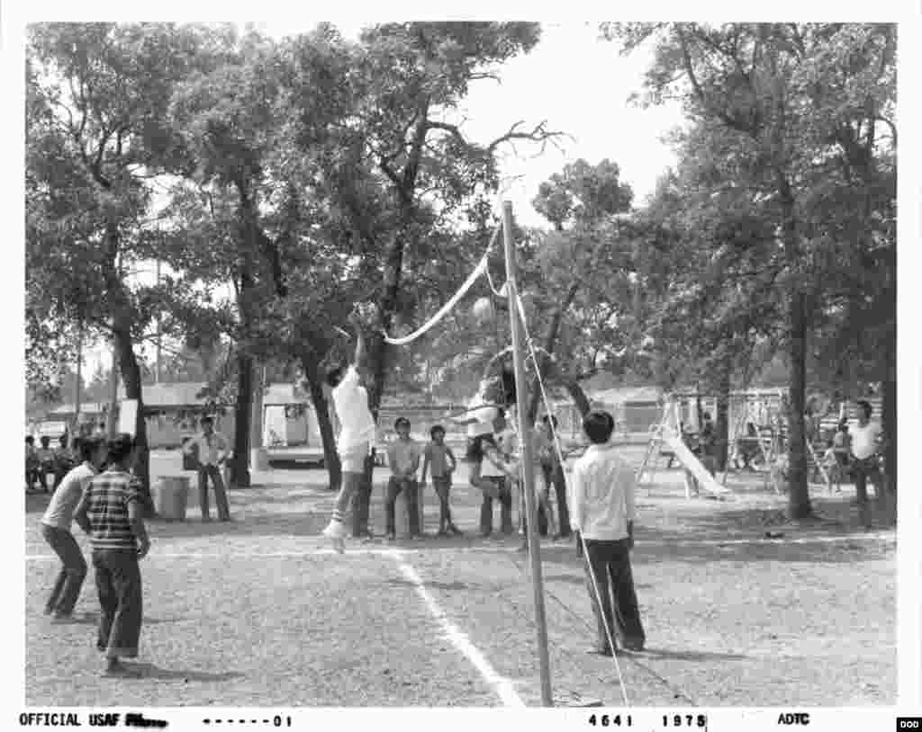 Photo of refugees at the Vietnamese Refugee Processing Center at Eglin Air Force Base in 1975.