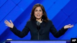 FILE - Neera Tanden speaks at the Democratic National Convention in Philadelphia, July 27, 2016.