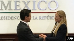 Handout picture released by Lilian Tintori's press office showing Mexican President Enrique Pena Nieto (L) with Lilian Tintori, wife of imprisoned Venezuelan leader Leopoldo Lopez, during a private meeting in Mexico City, April 6, 2017. 