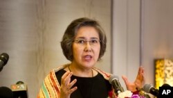 FILE - Yanghee Lee, U.N. Human Rights Special Rapporteur to Myanmar, talks to journalists during a press briefing, July 21, 2017, in Yangon, Myanmar. 