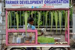 Seorang penjual jus lidah buaya di Hyderabad menunggu pelanggan, 16 Juli 2020. (NOAH SEELAM / AFP)