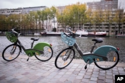 FILE - Velib bikes are pictured in Paris, Oct. 25, 2017.