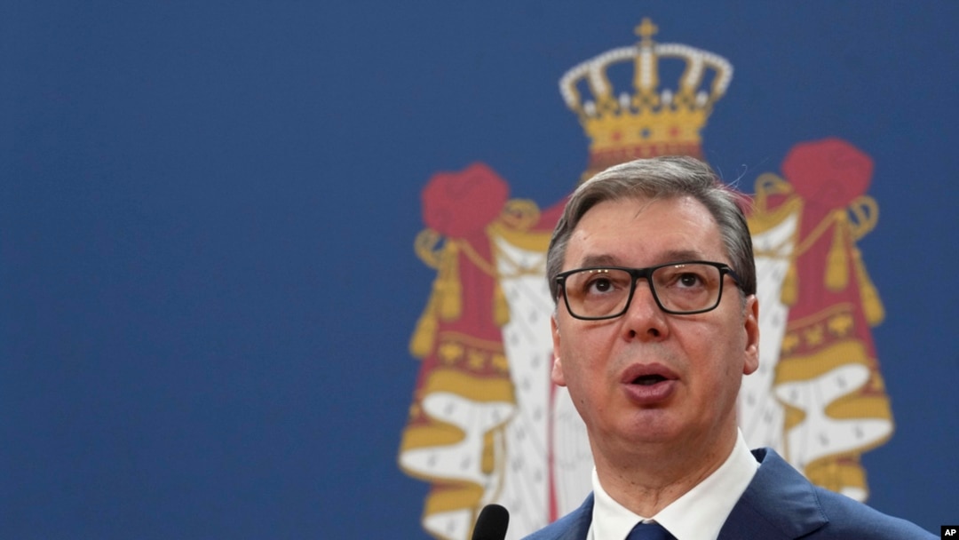 Serbian President Aleksandar Vucic speaks during a news conference with Slovakia's Prime Minister Robert Fico in the Serbia Palace in Belgrade, Serbia, Nov. 21, 2024.