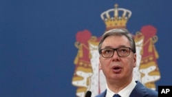 Serbian President Aleksandar Vucic speaks during a news conference with Slovakia's Prime Minister Robert Fico in the Serbia Palace in Belgrade, Serbia, Nov. 21, 2024.