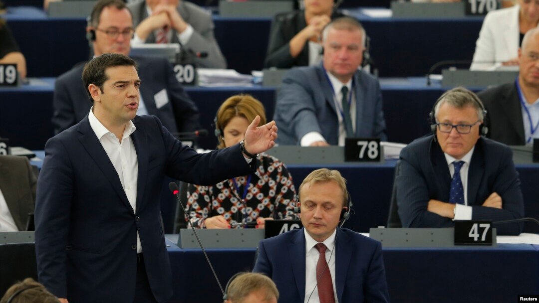 Perdana Menteri Yunani Alexis Tsipras berbicara di Parlemen Eropa di Strasbourg, Perancis (8/7). 