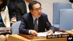 South Korea's United Nations Ambassador Cho Tae-yul speaks after a vote to adopt a new sanctions resolution against North Korea during a meeting of the U.N. Security Council at U.N. headquarters, Monday, Sept. 11, 2017.